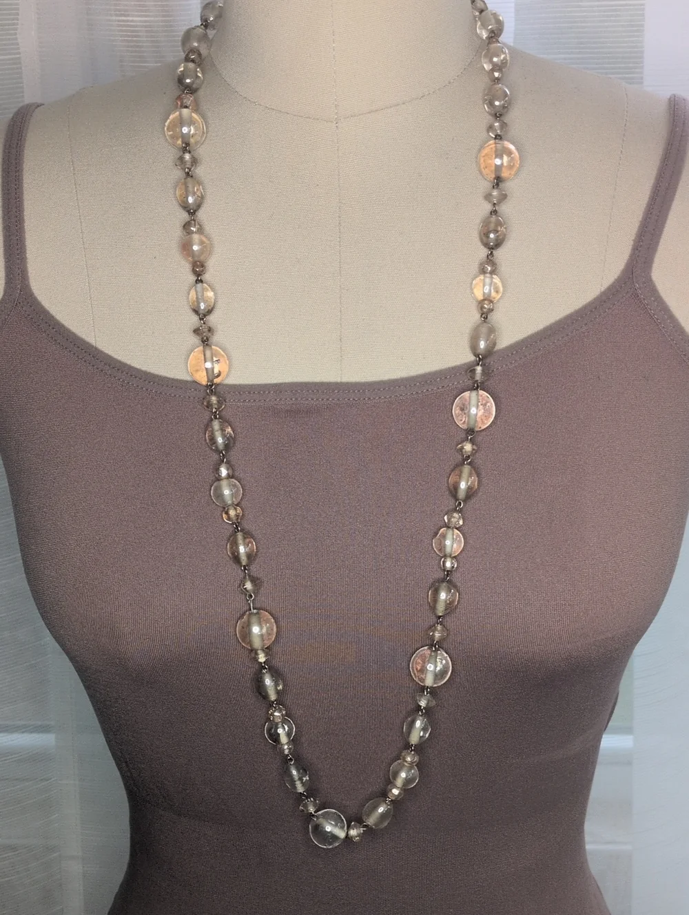 Vintage Long Champagne & Smoky Seeded Glass Bead Opera Necklace